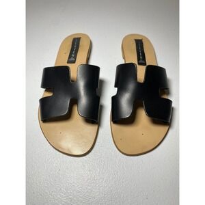 STEVEN by Steve Madden Women Sz 7.5 Black Leather H Slide Sandals Made in Italy